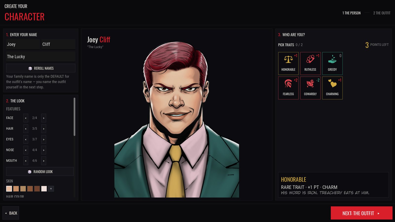 The in-game character creator: name, look, and trait picks around a large portrait