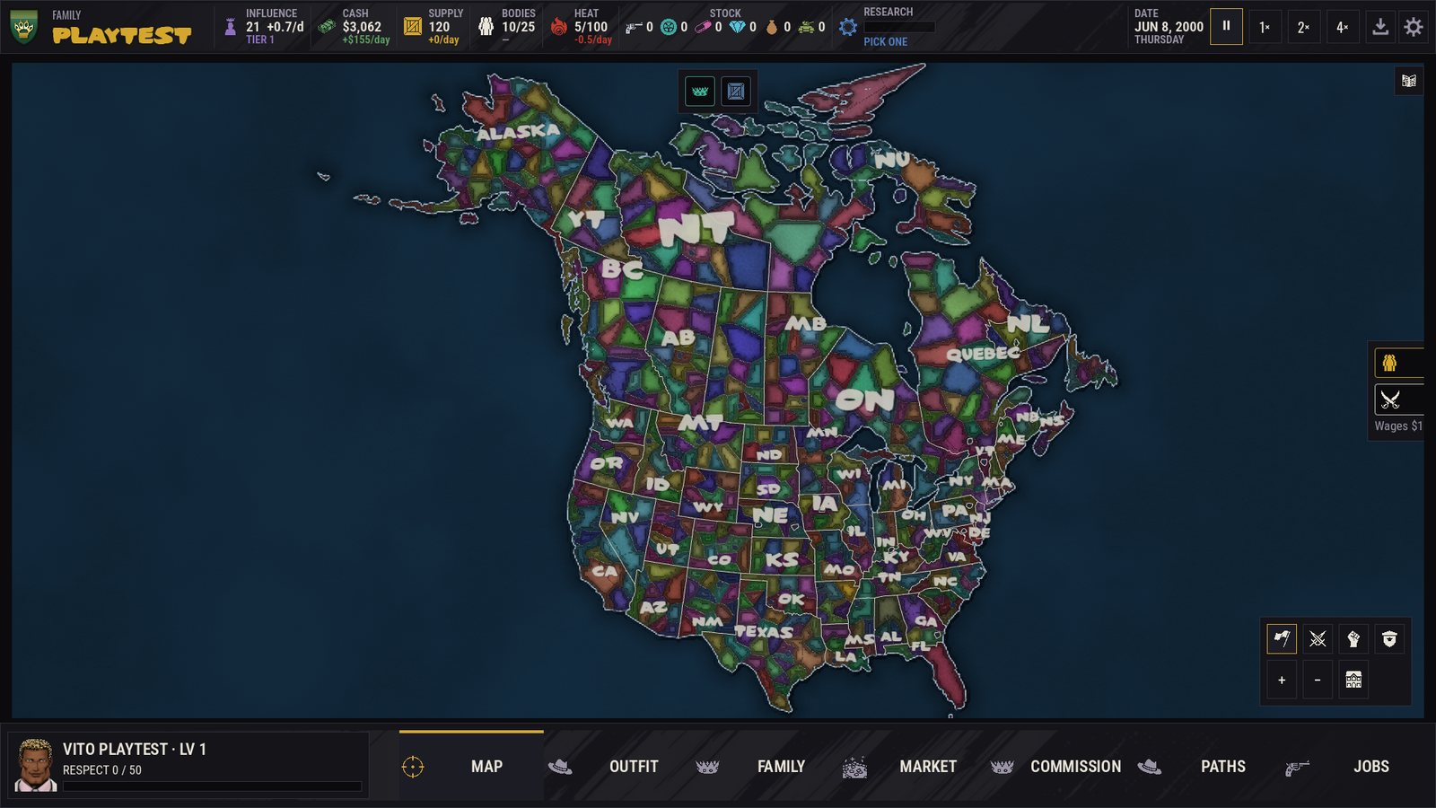 The full North America map, every state split into coloured turf
