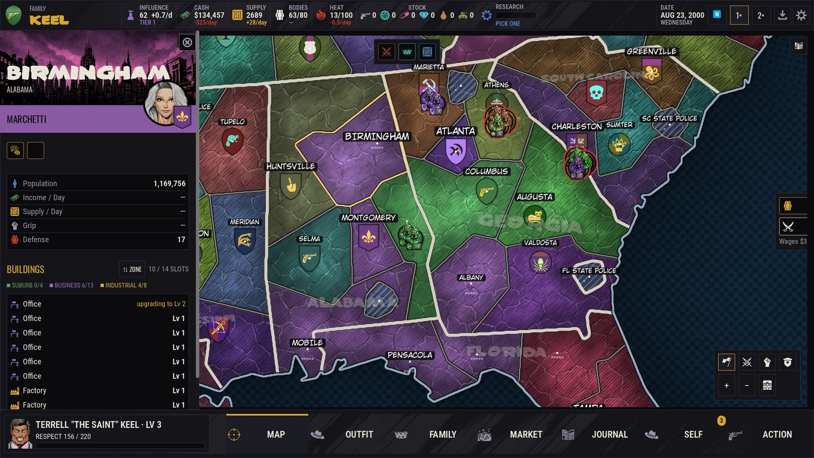 A war in Georgia: crews on the map with battle rings around the towns being fought over